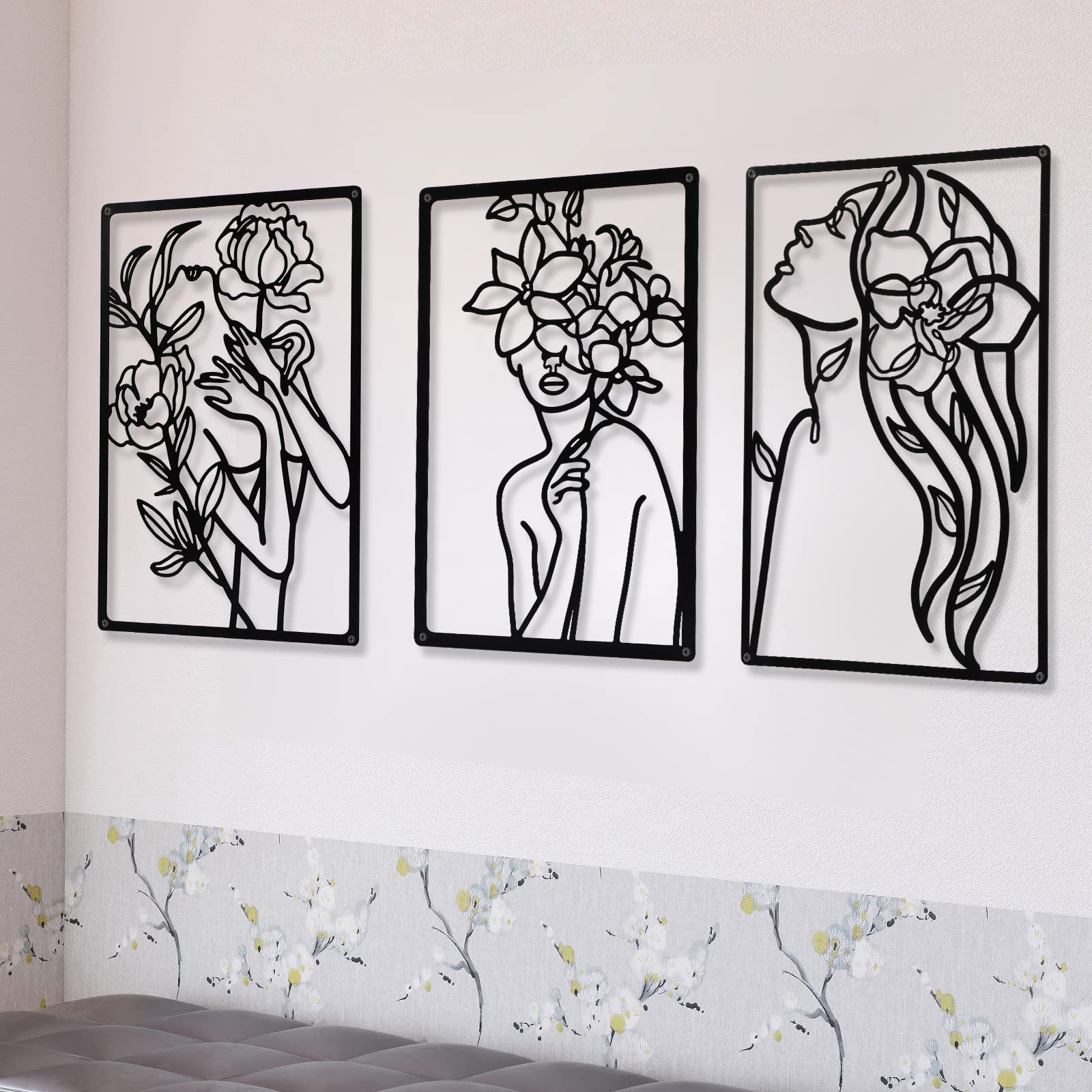 CHENGU 3 Pieces Metal Minimalist Abstract Woman Wall Art Line Drawing Wall Art Decor Single Line Female Home Hanging for Kitchen Bathroom Living Room