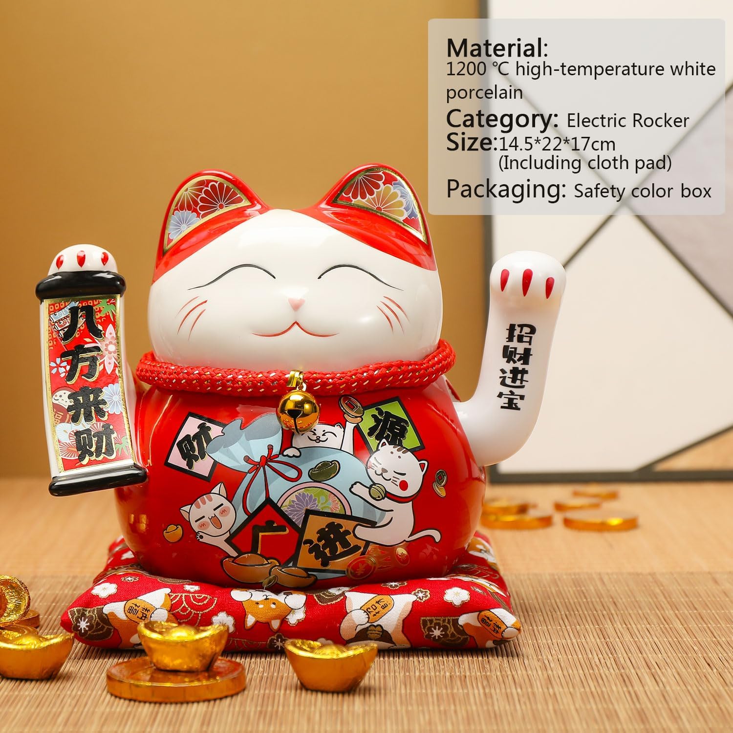 Lucky Statue Cat - Chinese Good Luck Cat with Waving Arm,Ceramic Fortune Cat Statue,Japanese Money Cat for Home, Office, and Store Decorations