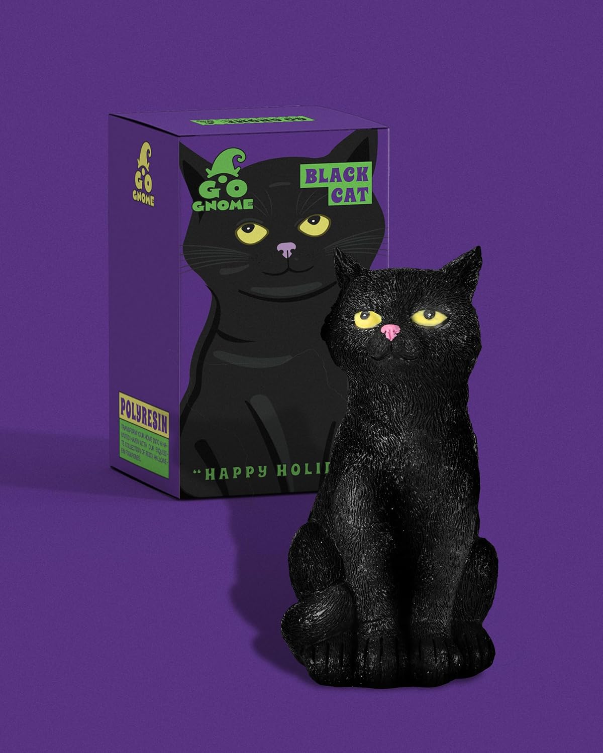 Black Cat Figurine with Glow-in-The-Dark Eyes - 7.3" Spooky Resin Halloween Decor Outdoor/Indoor Spring Summer Decorations Lawn Garden Statue (Black Cat)