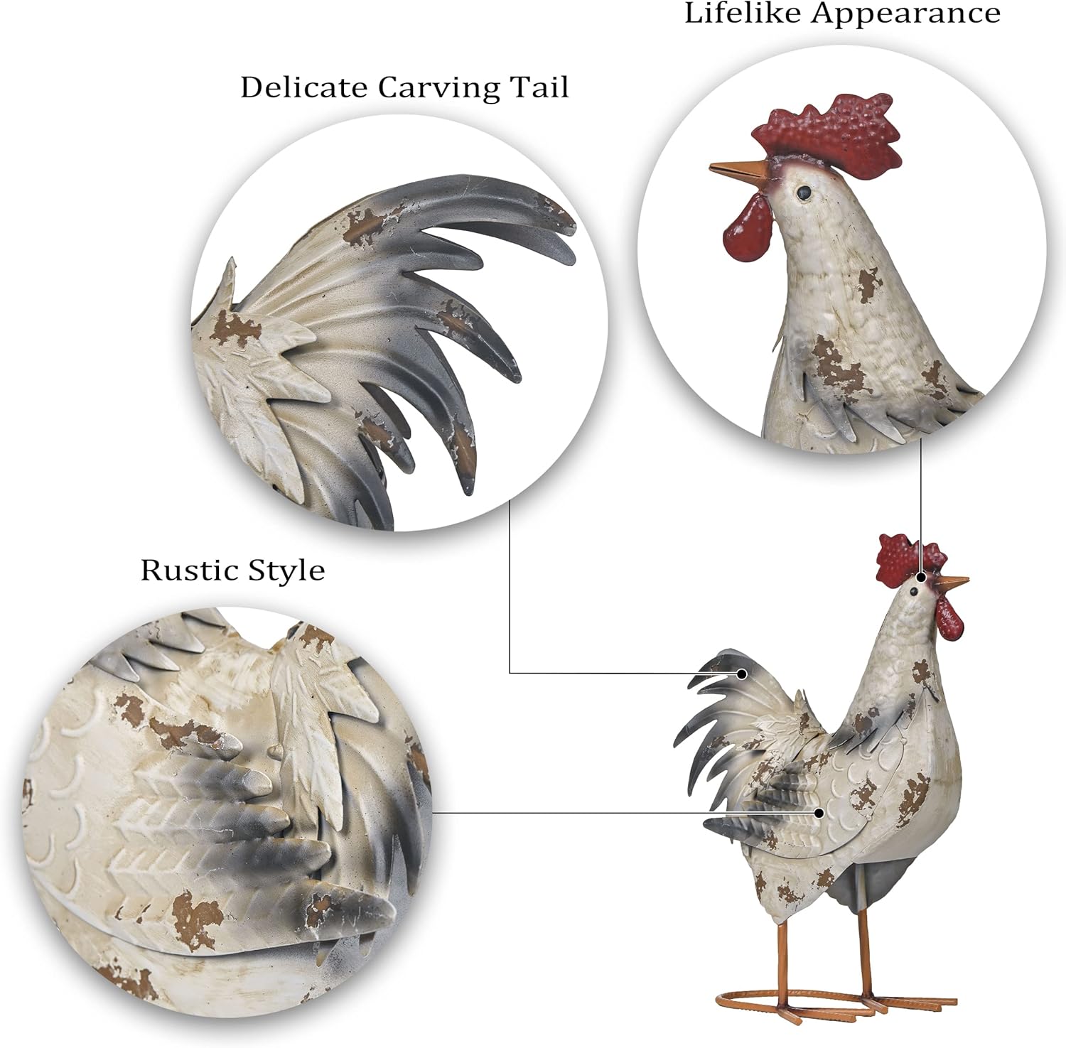 Farmhouse Metal Rooster Garden Statues Decor, 15 Inch Rustic Outdoor Chicken Sculpture Figurines Yard Art for Farm Patio Lawn Kitchen Decorations,Spring Decor, Gift for Mom