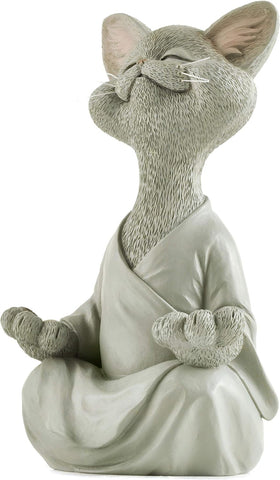 Whimsical Grey Cat Buddha Figurine Meditation Yoga Decor - Happy Cat Collection - Cat Lover Gifts, Yoga Gifts, Meditation Gifts, Zen Namaste Decor Gifts