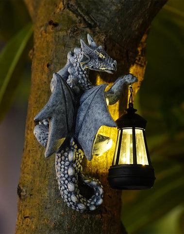 Goodeco Dragon Tree Hugger Solar Lantern Garden Statue - 9.3 Inch Resin Dragon Decor for Outdoor, Perfect Garden Gift & Yard Decor