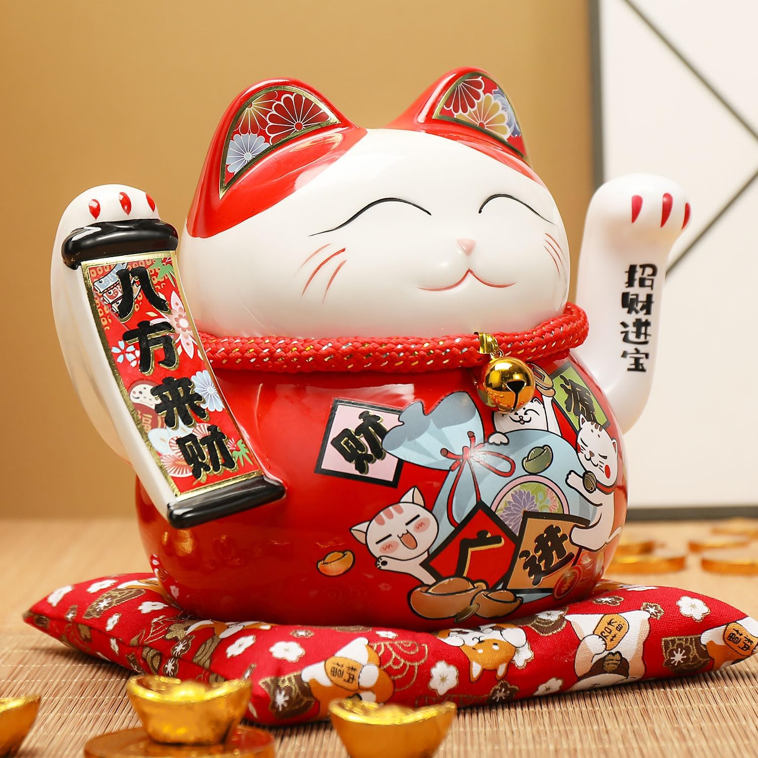 Lucky Statue Cat - Chinese Good Luck Cat with Waving Arm,Ceramic Fortune Cat Statue,Japanese Money Cat for Home, Office, and Store Decorations