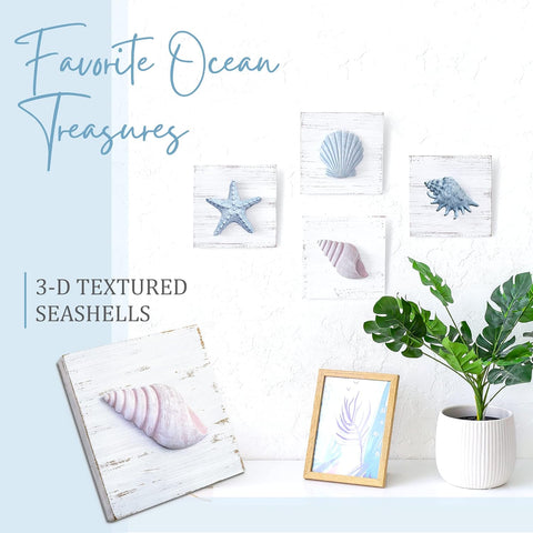 TideAndTales Beach Decor Seashell Wall Art - (Set of 4) Textured 3D Shells and Starfish Decorations for Home or Beach House, Rustic Ocean Theme Coastal Bedroom or Bathroom Wall Decor 6" x 6"