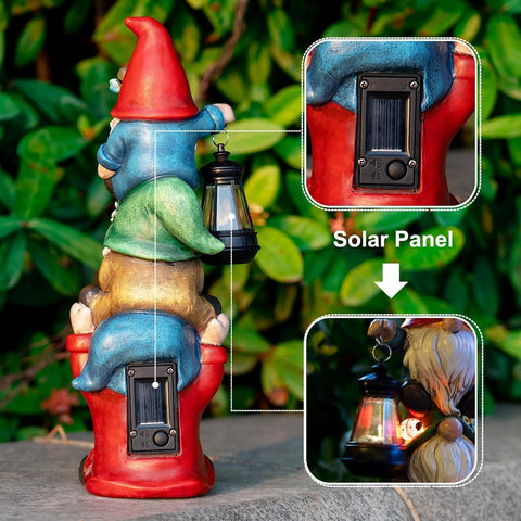 Garden Gnome Statue with Solar Lights Large Garden Sculptures Funny Triple Gnome Outdoor Patio Lawn Yard Garden Decor Gifts for Women Mom 12 in Spring Gnomes Outdoor