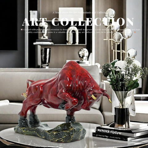 Bronze Bull Sculpture - Pure Copper Charging Bull/Cow/Ox Figure and Statue Handmand Collectable Art Decor - Raging Bull Figurine for Office& Home Decorations and Gift (L:8.3in Red)