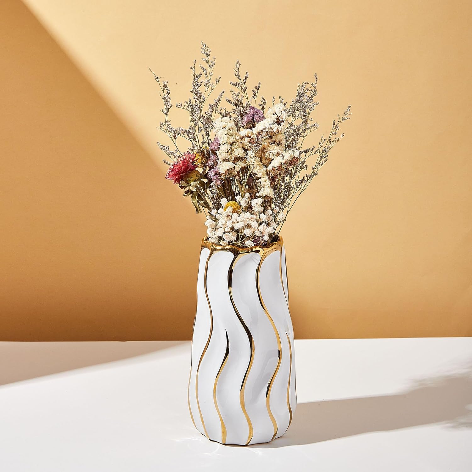 Ceramic Vase, White Vase for Home Decor,Decorative Flower Vase, Vertical Stripe Ceramic Vases for Home Décor, Bedroom, Office, Living Room, Bathroom, Tabletop Decor, Centerpiece (White)