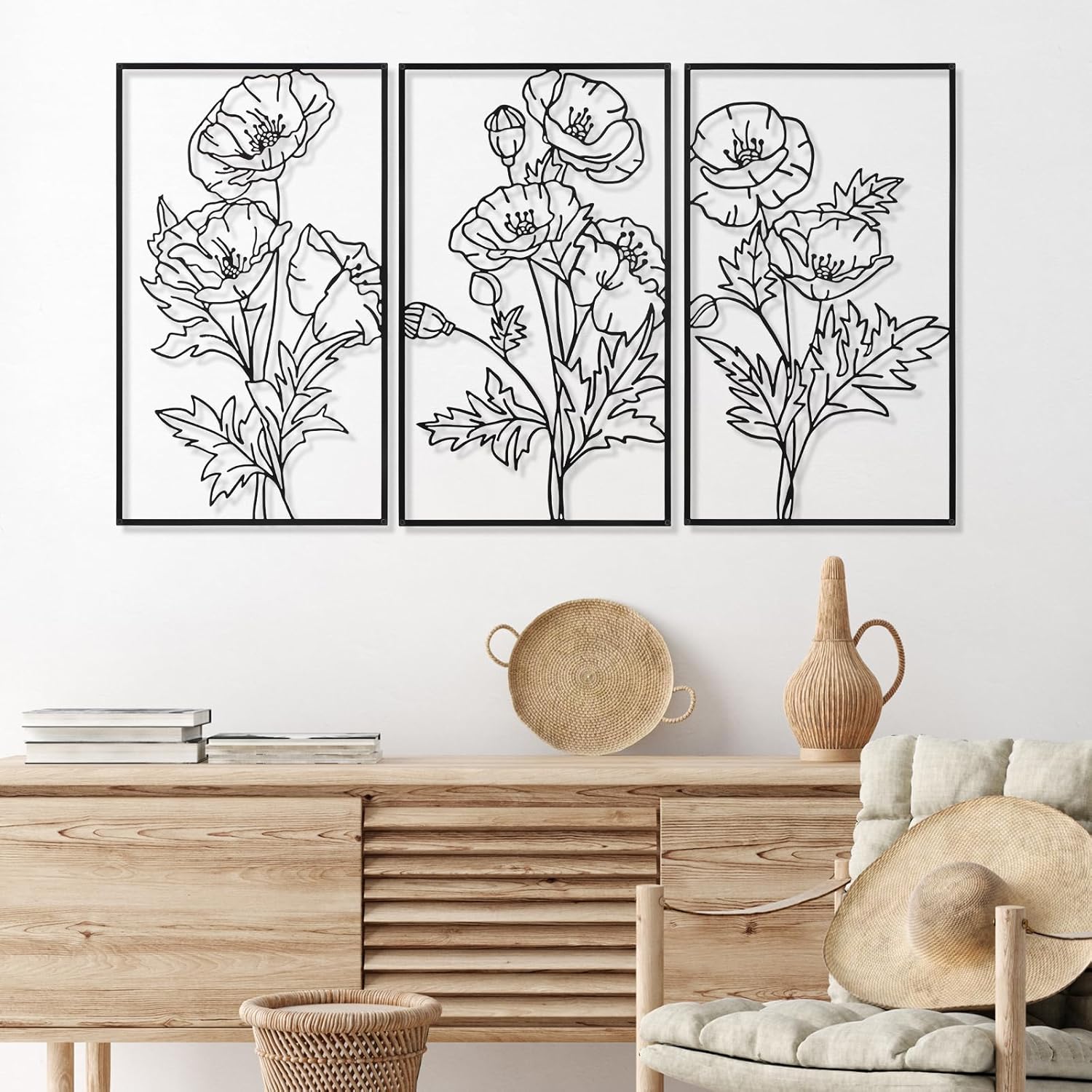 Therwen 3 Pcs Black Metal Wall Art Minimalist Wall Decor for Bedroom Flowers Decor Hanging Flower Bathroom Art Flower Line Sculpture Kitchen Decoration 16.5 x 9.8 Inch