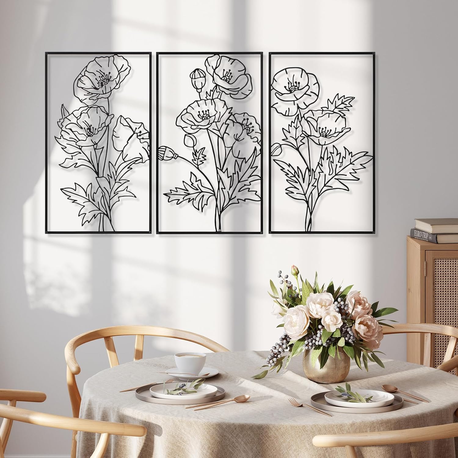 Therwen 3 Pcs Black Metal Wall Art Minimalist Wall Decor for Bedroom Flowers Decor Hanging Flower Bathroom Art Flower Line Sculpture Kitchen Decoration 16.5 x 9.8 Inch