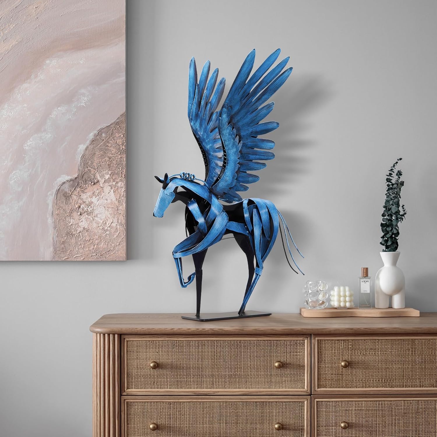 Horse Statue Décor Artwork, 24" H Handmade Metal Pegasus Greek Flying Horse Sculpture, Hand-Painted Animal Figurines for Home Living Room Office (Brown with Wings)