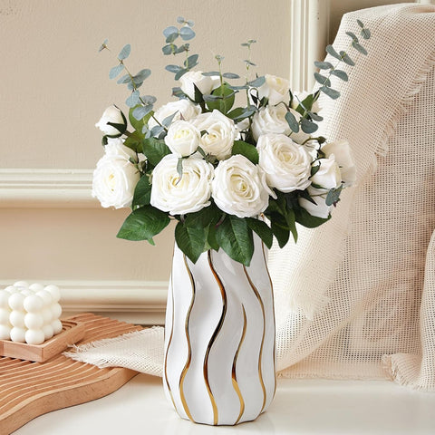 Ceramic Vase, White Vase for Home Decor,Decorative Flower Vase, Vertical Stripe Ceramic Vases for Home Décor, Bedroom, Office, Living Room, Bathroom, Tabletop Decor, Centerpiece (White)