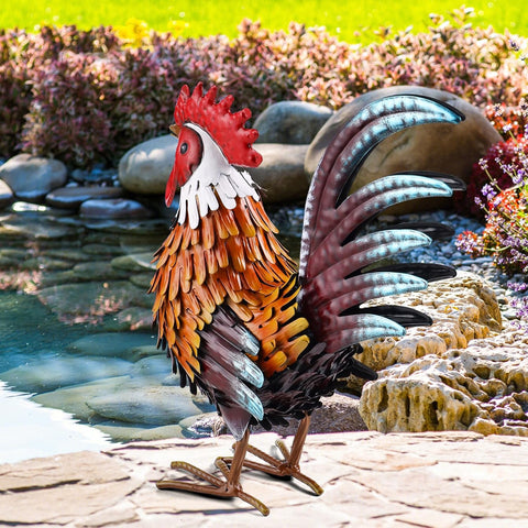 Rooster Garden Statue Metal Chicken Yard Art Decor Outdoor Sculpture Figurines