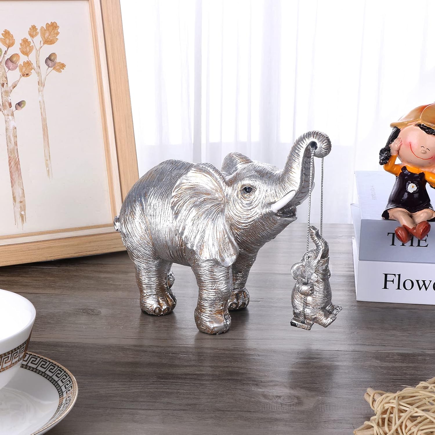 Elephant Statue. Elephant Decor Brings Good Luck, Health, Strength. Elephant Gifts for Women, Mom Gifts. Decorations Applicable Home, Office, Bookshelf TV Stand, Shelf, Living Room - Silver