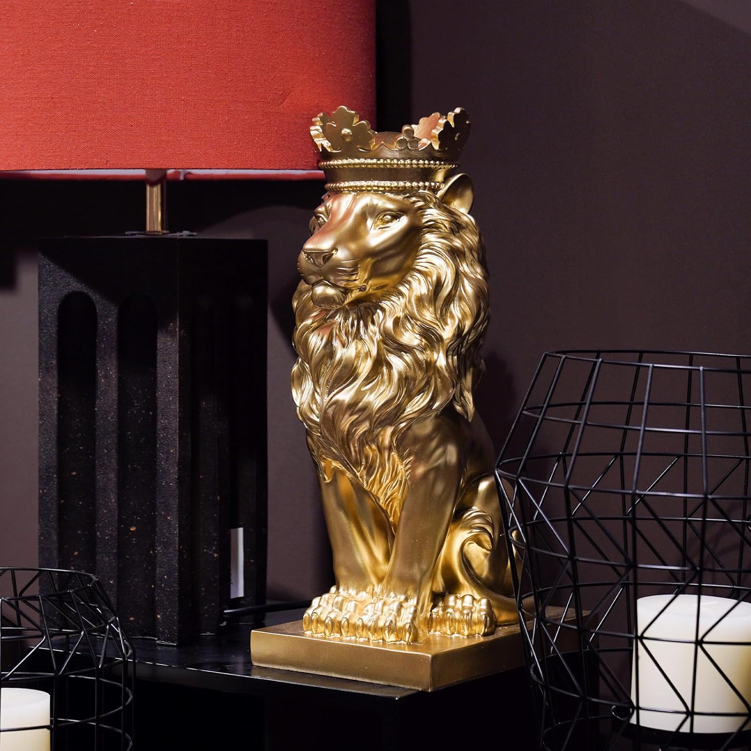 Lion Statue - Outdoor Collectible Figurine, 15 Inch Gold Crown Black Standing Lion Home Decor for Desk & Home Black Decor Gift