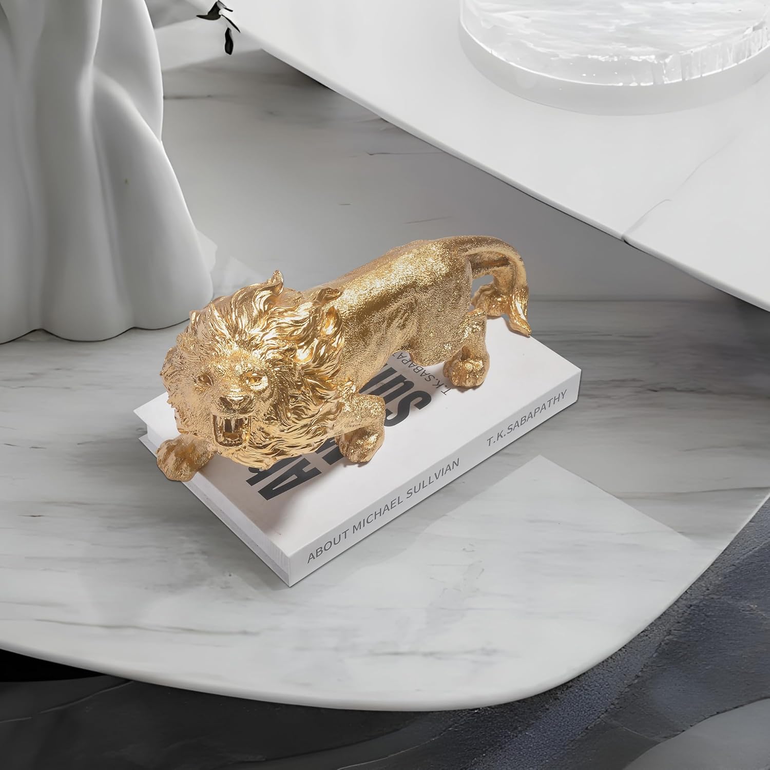 Lion Statue, 11.8 Inch Strong Lion Sculpture, Modern Gold Home Decor, Bookcase Desk Bedroom Family Living Room Centerpiece