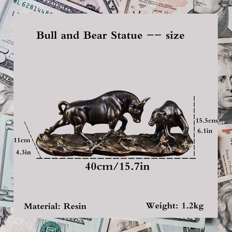 Bull and Bear Statue 15.7" L -Wall Street Bull Statue -Sculptures- Unique Decor for Financial Professionals,Gold