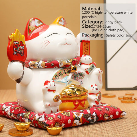 Lucky Statue Cat - Chinese Good Luck Cat with Waving Arm,Ceramic Fortune Cat Statue,Japanese Money Cat for Home, Office, and Store Decorations