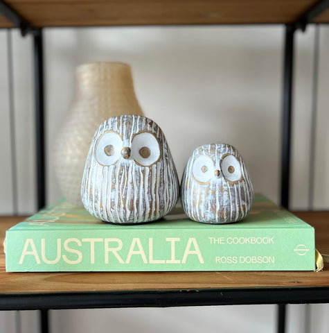 Chubby Night Owl Decor Statue Sculpture, Bookshelf Decor Accents, Boxed Set of 2, Rustic Brown & White, 3⅛ & 4⅓ Inch Decorative Resin Figurines