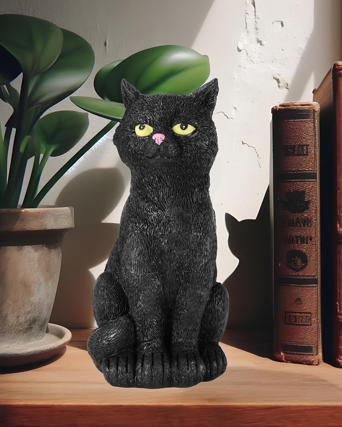 Black Cat Figurine with Glow-in-The-Dark Eyes - 7.3" Spooky Resin Halloween Decor Outdoor/Indoor Spring Summer Decorations Lawn Garden Statue (Black Cat)