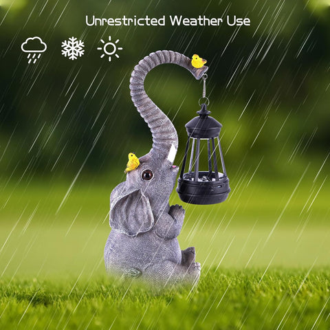 Solar Outdoor Garden Statues Lights, Mom Gifts Birthday Gifts for Women, Lucky Elephant Unique Housewarming Gifts and Yard Decoration, Elephant Figurines with Cute Birds Garden Sculpture Decor