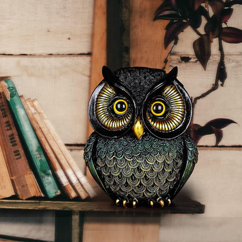 Owl Statue Home Decor Small Owl Figurines Shelves Decorations for Home Office Living Room Decor Gifts for Owl Lovers (Black-Green)