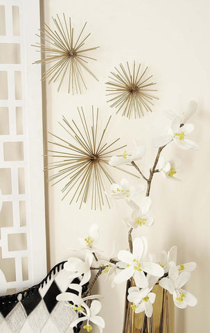 Deco 79 Metal Starburst 3D Long Spike Wall Decor, Set of 3 6", 9", 12"W, Gold