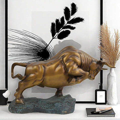 Bronze Bull Sculpture - Pure Copper Charging Bull/Cow/Ox Figure and Statue Handmand Collectable Art Decor - Raging Bull Figurine for Office& Home Decorations and Gift (L:8.3in Red)