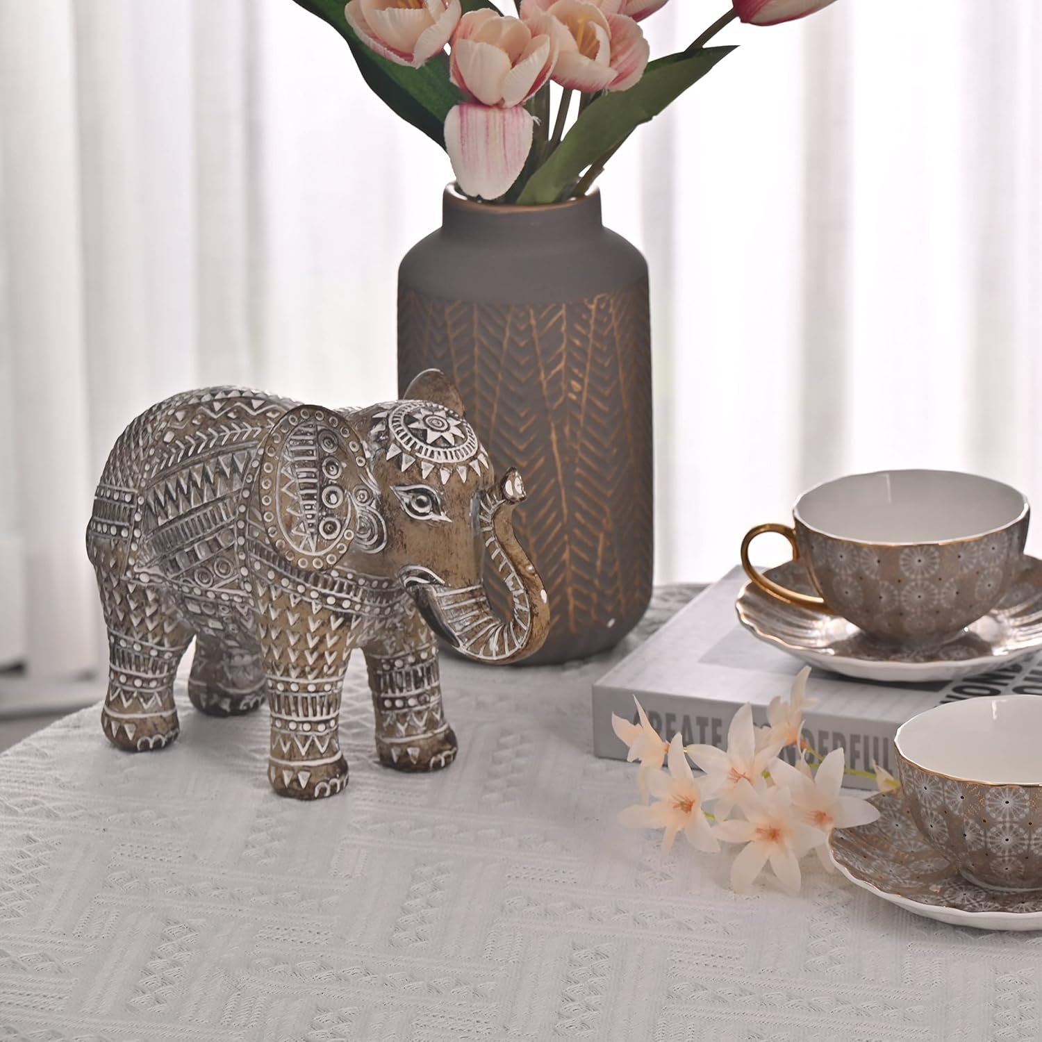 Boho Elephant Decor, Elephant Statues Brings Good Luck for Home Decor, Elephant Figurines Resin for Bookshelf, Living Room, Centerpiece Home Decorations Gifts for Mom, 6.3"