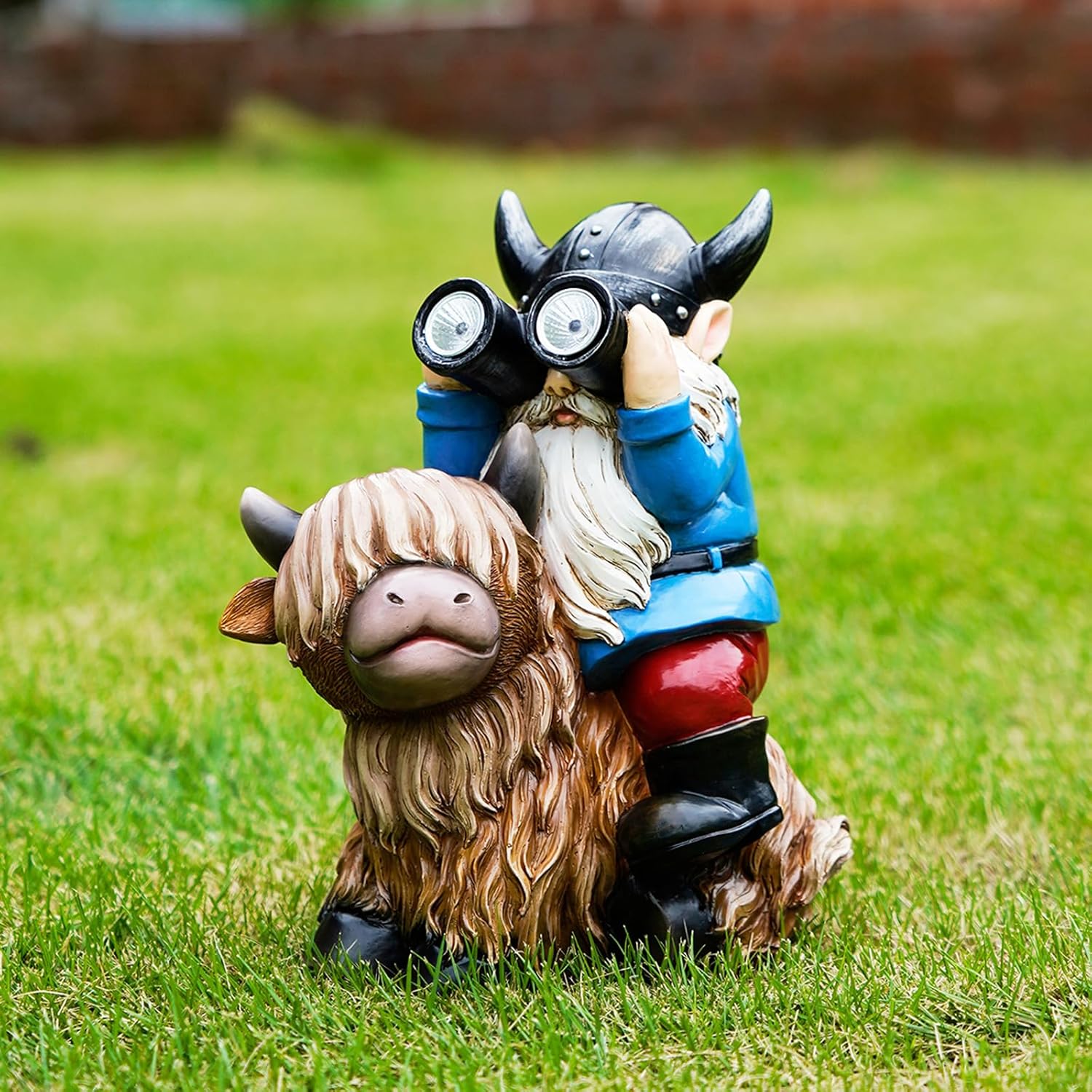 Garden Gnome Statues Resin Gnome Sitting on Highland Cow Solar Lights Outdoor Telescope Gnome Gifts for Yard, Patio Decor Gift(Cow Gnome)