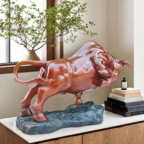 Bronze Bull Sculpture - Pure Copper Charging Bull/Cow/Ox Figure and Statue Handmand Collectable Art Decor - Raging Bull Figurine for Office& Home Decorations and Gift (L:8.3in Red)