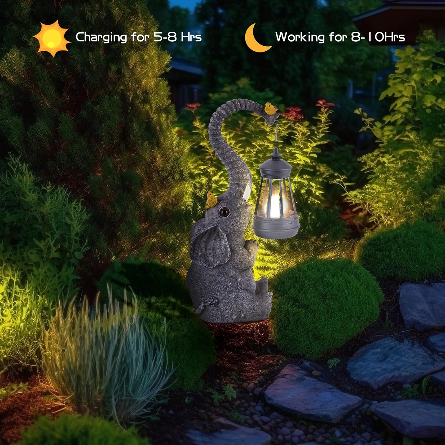 Solar Outdoor Garden Statues Lights, Mom Gifts Birthday Gifts for Women, Lucky Elephant Unique Housewarming Gifts and Yard Decoration, Elephant Figurines with Cute Birds Garden Sculpture Decor