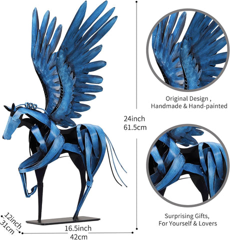 Horse Statue Décor Artwork, 24" H Handmade Metal Pegasus Greek Flying Horse Sculpture, Hand-Painted Animal Figurines for Home Living Room Office (Brown with Wings)