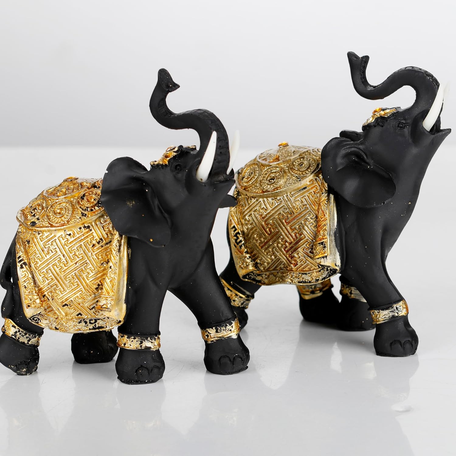 Luck Elephant Decor Set with Trunks Up - Feng Shui Resin Black and Golden Couple Elephant Figurines - Pair of Elephants Statue, Modern Sculpture for Home Decor