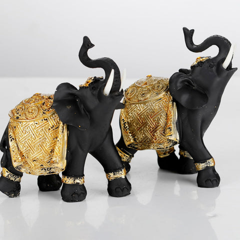 Luck Elephant Decor Set with Trunks Up - Feng Shui Resin Black and Golden Couple Elephant Figurines - Pair of Elephants Statue, Modern Sculpture for Home Decor