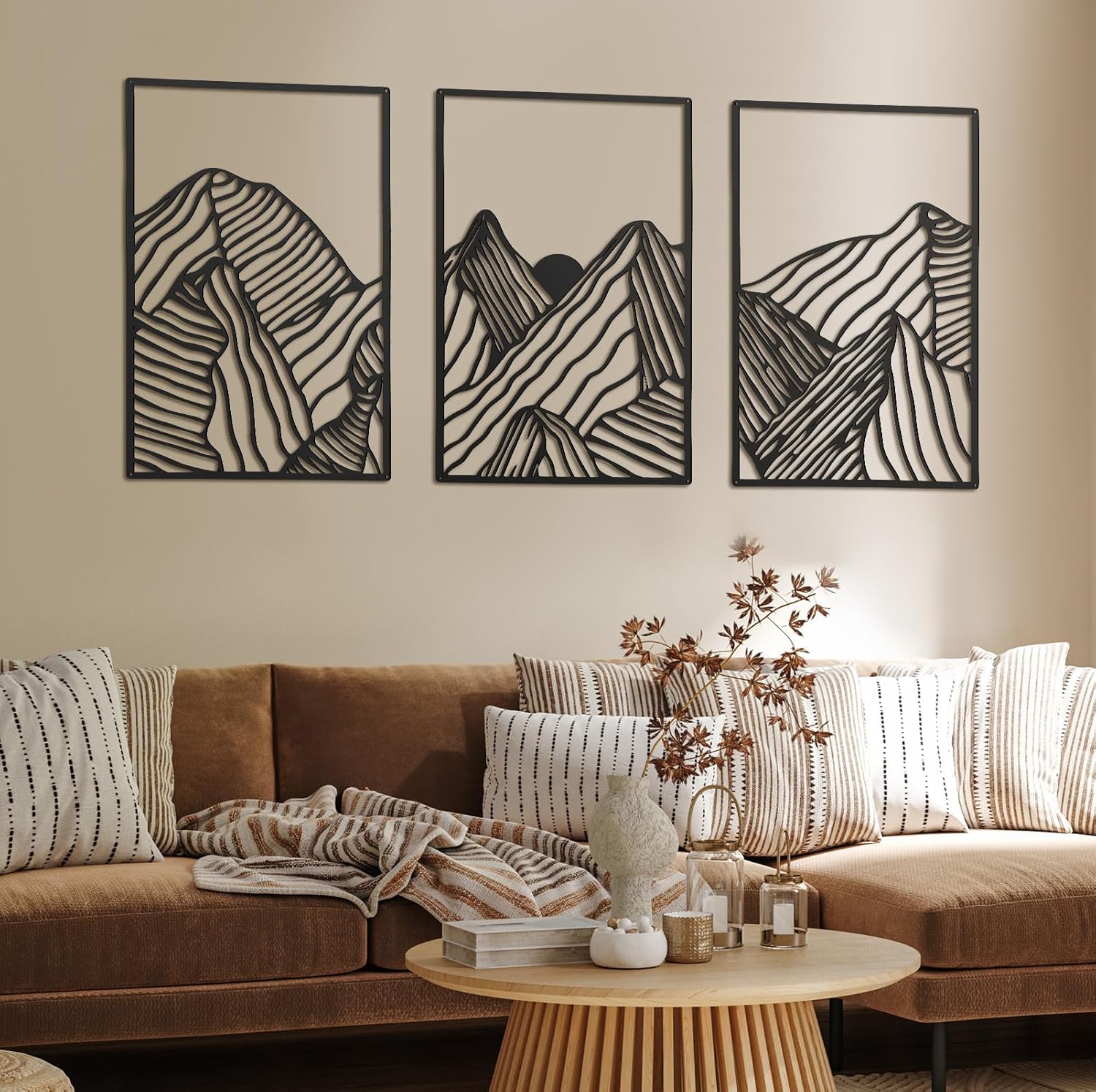 Peryiter 3 Pcs Mountain Metal Wall Art Mountain Line Wall Decor Abstract Minimalist Rustic Nature Decor for Home Bathroom Living Room(Black)