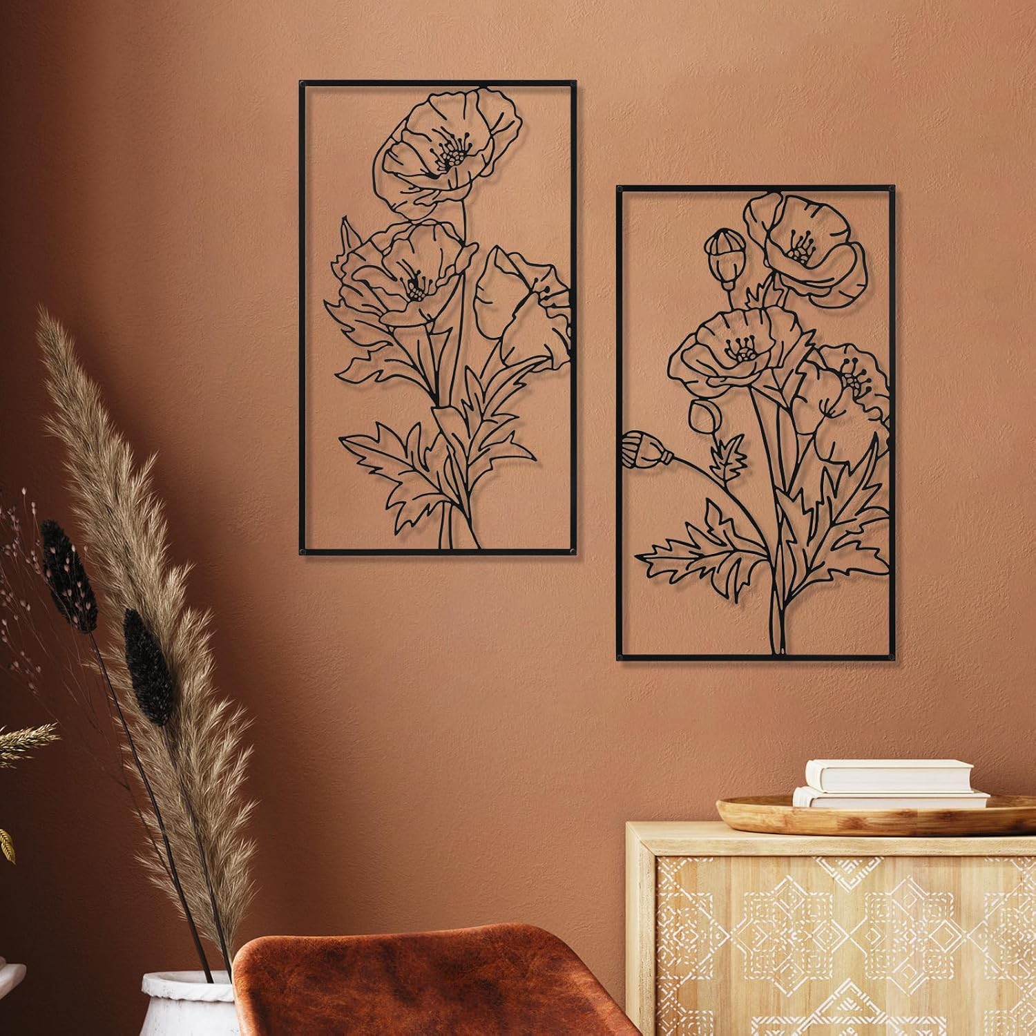 Therwen 3 Pcs Black Metal Wall Art Minimalist Wall Decor for Bedroom Flowers Decor Hanging Flower Bathroom Art Flower Line Sculpture Kitchen Decoration 16.5 x 9.8 Inch