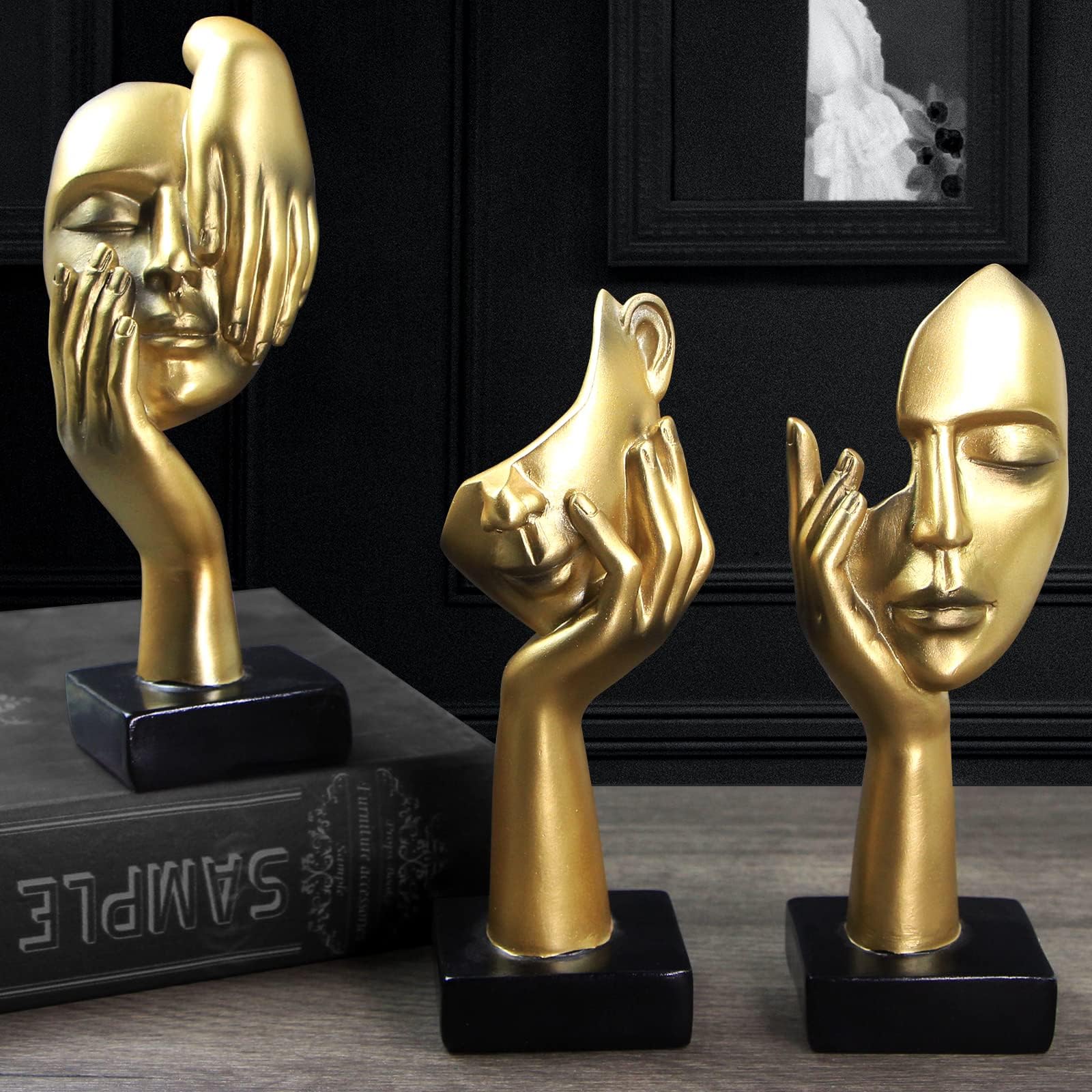 3 Pcs Thinker Statue, Silence is Gold Abstract Art Figurine, No Hear No See No Speak Modern Home Resin Sculptures Decorative Objects Decor for Home Office Bookshelf Desktop(Black) (A-41)