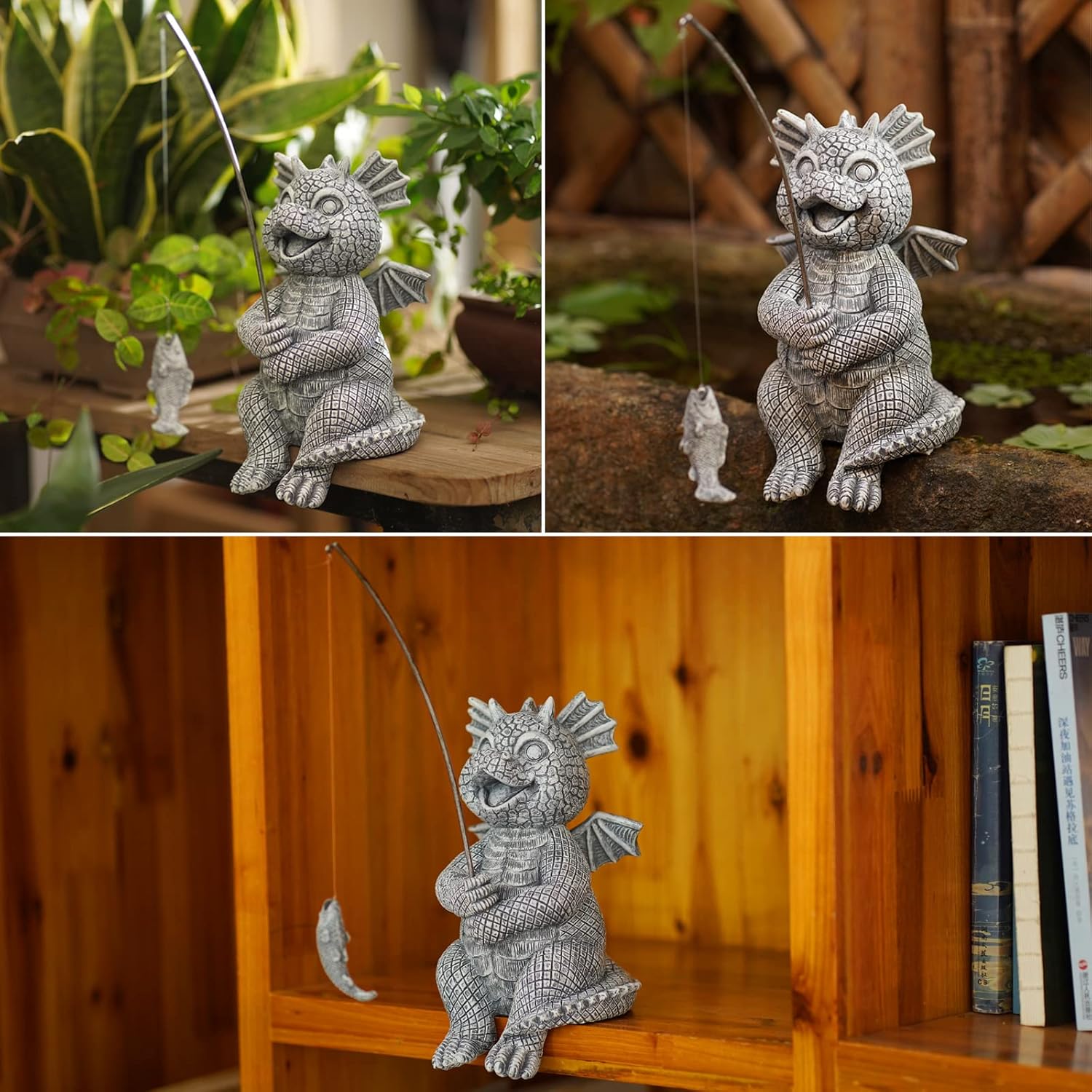 Fishing Cat Garden Statue – 10" Little Cat Fisher for Garden Pond Decor, Poolside Statue with Glow in Dark Pebbles Included,Great Gifts for Mom, Women & Birthdays (Cat)