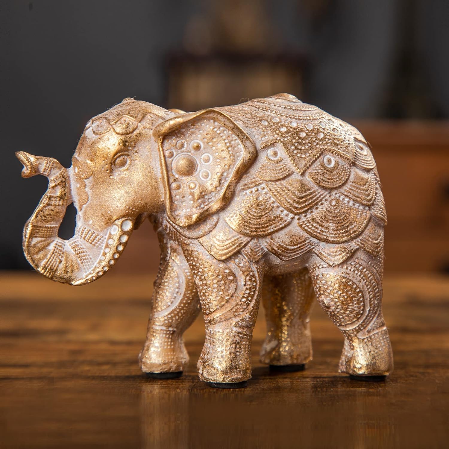 Elephant Statue for Home Decorations,Elephant Figurines with Trunk up,Elephant Decor for Shelf Shelves Table Living Room nightstand,African Elephants Gifts for Women Small Set of 2 Gold Color Accents