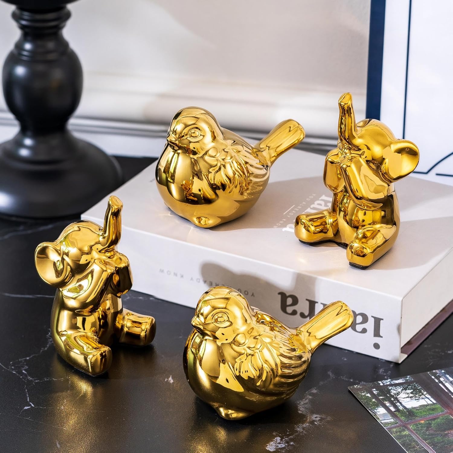 Loving Pair of Small Gold Bird Statues Gold Home Decor Modern Boho Style Figurine Decorative Ornaments for Living Room, Bedroom, Office Desktop, Cabinets, Shelf