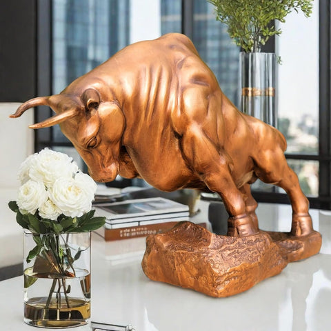 Bronze Bull Sculpture - Pure Copper Charging Bull/Cow/Ox Figure and Statue Handmand Collectable Art Decor - Raging Bull Figurine for Office& Home Decorations and Gift (L:8.3in Red)