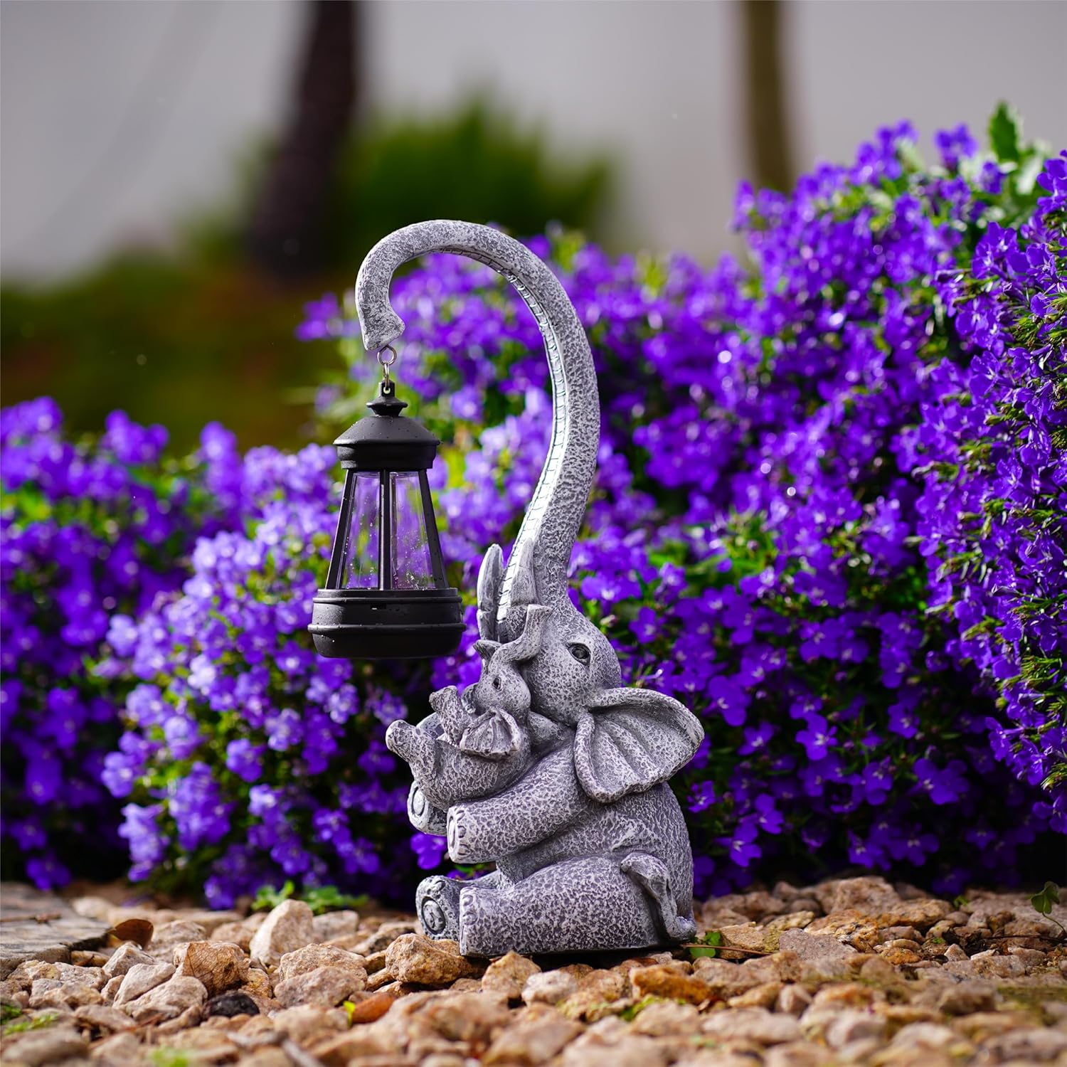 Elephant Outdoor Statues with Cute Baby Garden Decor, Resin Elephant Figurines with Solar Lantern Outdoor Decoration Gifts for Mothers Day, Birthday Day