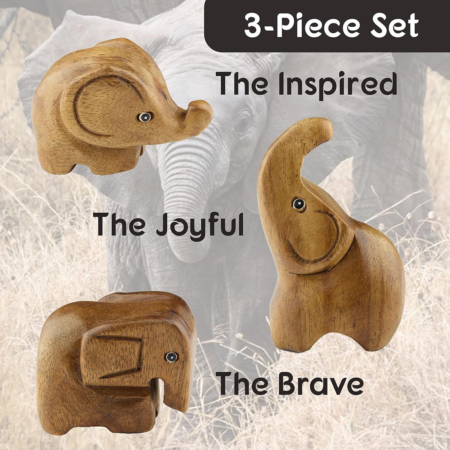 3 Elephant Figurines Centerpiece - Cute Elephant Decor - Elephant Gifts for Women - Wood Elephant Statue Home Decor - Elephant Sculpture Bathroom Decor - Elephant Decorations for Home Office