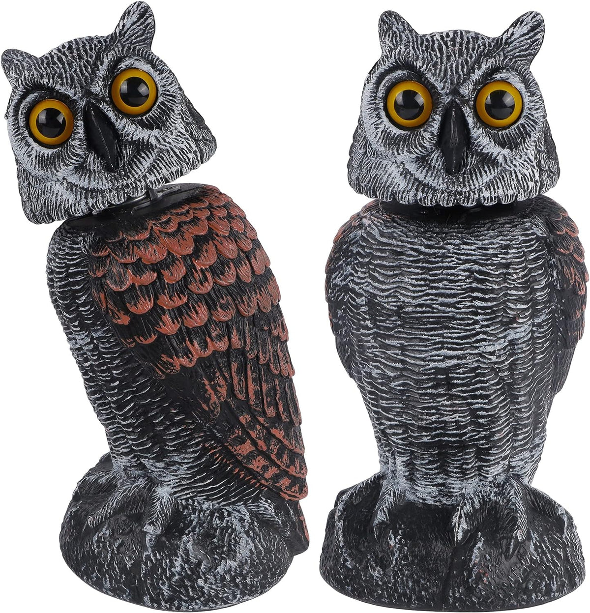 2 Pack Bird Scarecrow Fake Owl Decoy Sculpture, Rotating Head Plastic Owl Bird Deterrents, 10.6 Inch Height Nature Enemy Horned Pest Repellent for Outdoor Garden Yard