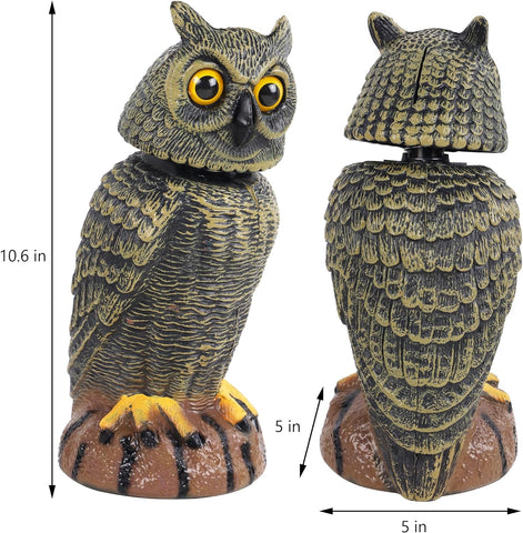 2 Pack Bird Scarecrow Fake Owl Decoy Sculpture, Rotating Head Plastic Owl Bird Deterrents, 10.6 Inch Height Nature Enemy Horned Pest Repellent for Outdoor Garden Yard