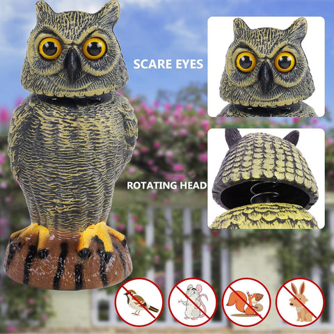 2 Pack Bird Scarecrow Fake Owl Decoy Sculpture, Rotating Head Plastic Owl Bird Deterrents, 10.6 Inch Height Nature Enemy Horned Pest Repellent for Outdoor Garden Yard