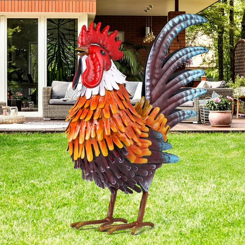 Rooster Garden Statue Metal Chicken Yard Art Decor Outdoor Sculpture Figurines