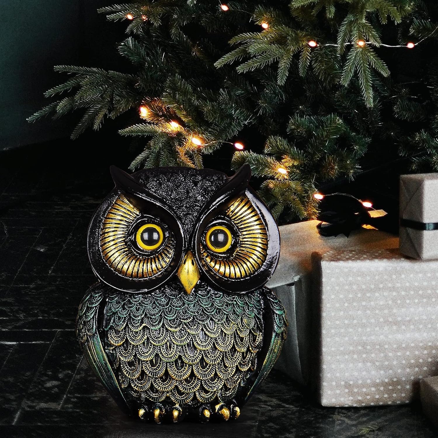 Owl Statue Home Decor Small Owl Figurines Shelves Decorations for Home Office Living Room Decor Gifts for Owl Lovers (Black-Green)