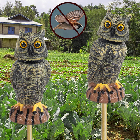 2 Pack Bird Scarecrow Fake Owl Decoy Sculpture, Rotating Head Plastic Owl Bird Deterrents, 10.6 Inch Height Nature Enemy Horned Pest Repellent for Outdoor Garden Yard