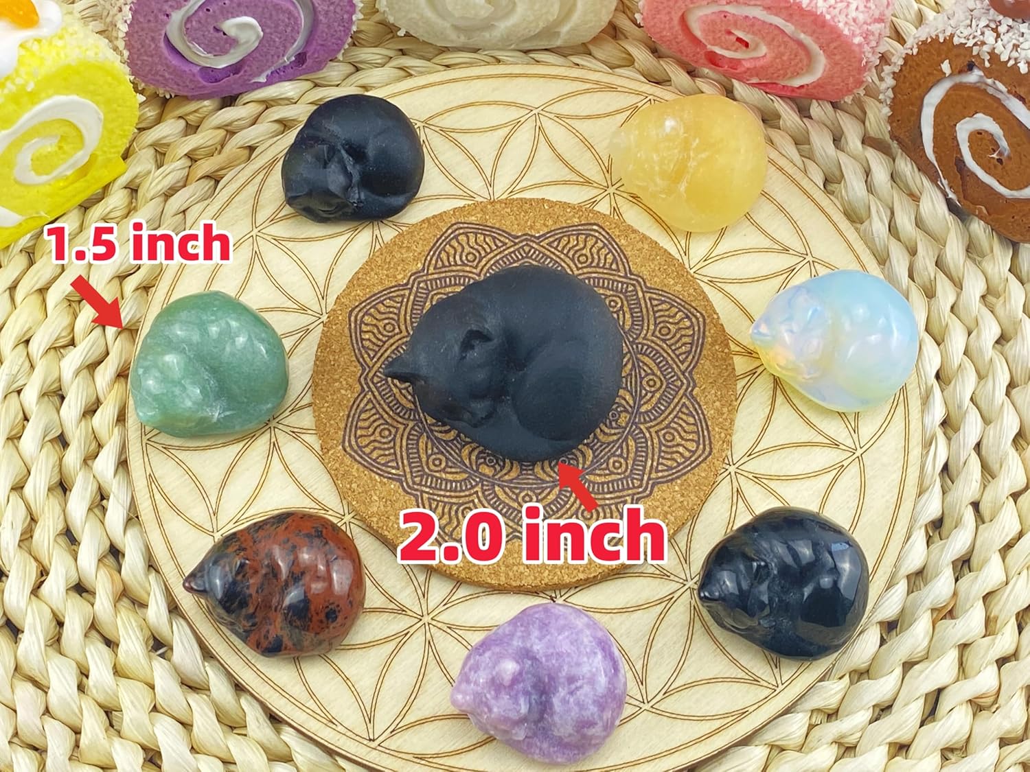 2" Cat Decors Statue Opal Moonstones Crystals Sleeping Cats Gemstone Hand-Carved Cute Animal Statues Figurines Home Office Desk Decor Lucky Energy Reiki Kitten Ornaments Gifts for Women Men